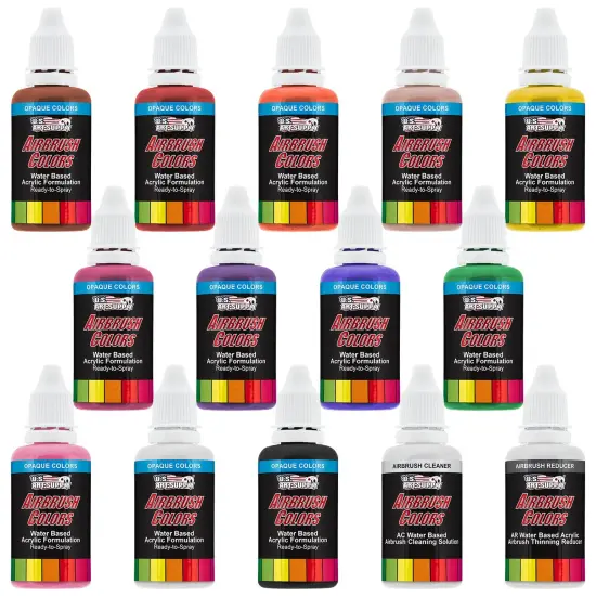Airbrush Paint Set - 12 Color Primary Opaque with Reducer & Cleaner, Ready to Spray Air brush Paint, 1-Ounce Water-Based Acrylic for Painting Metal, Plastic Models, Canvas, Wood {1}