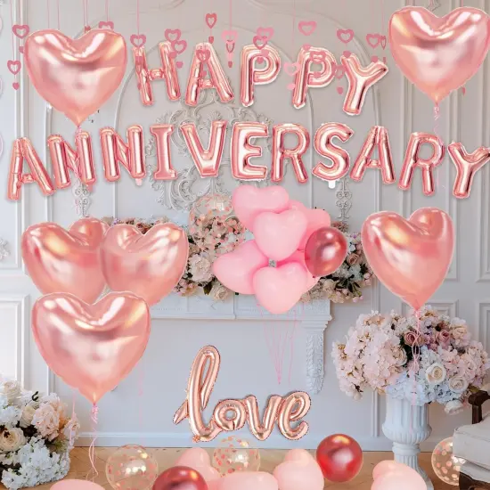 Anniversary Decorations &ndash; Pink Banner, Heart Balloons, Hanging Hearts & Rose Petals {5}