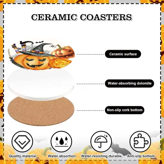 6Pcs Halloween Coasters Watercolor Ceramic Coasters Pumpkin,4.1 x 0.3 Inch {3}