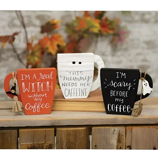 Halloween Wooden Mug Sitters Decorative Blocks for Coffee Bar, Shelf & Table - Asstd. 3 {2}