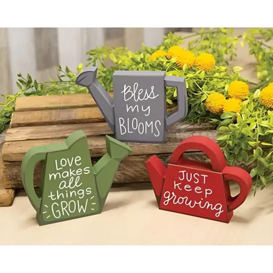 Set of 3 Wooden Watering Can Sitters &ndash; Decorative Springtime Blocks {2}