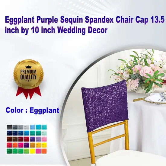 1 Piece Eggplant Purple Sequin Spandex Chair Cap 13.5 inch by 10 inch Wedding Decor {1}