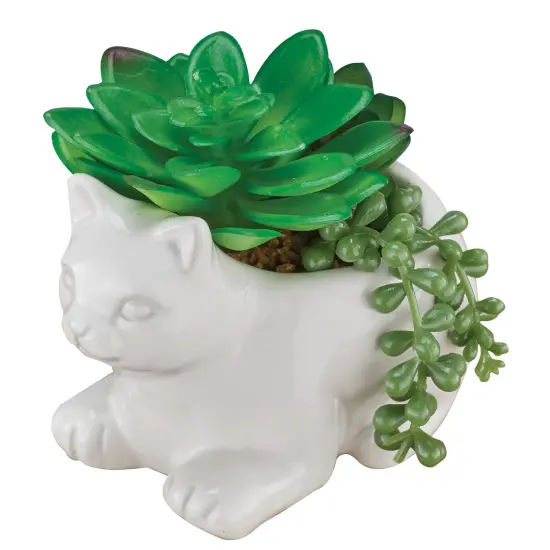Collections Etc Faux Succulent Arrangement in White Ceramic Cat Pot {2}