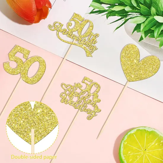 12 PCS 50th Anniversary Centerpiece Sticks Double Sided Gold Glitter {3}