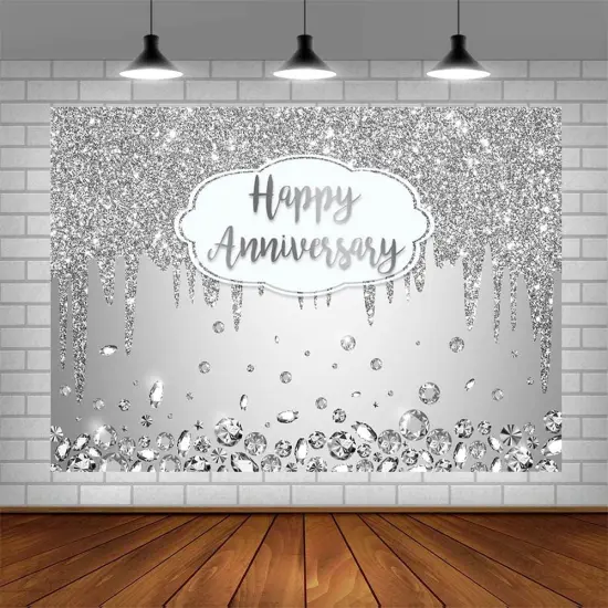 7x5ft Happy Anniversary Backdrop Silver Dripping Glitter Crystals {4}