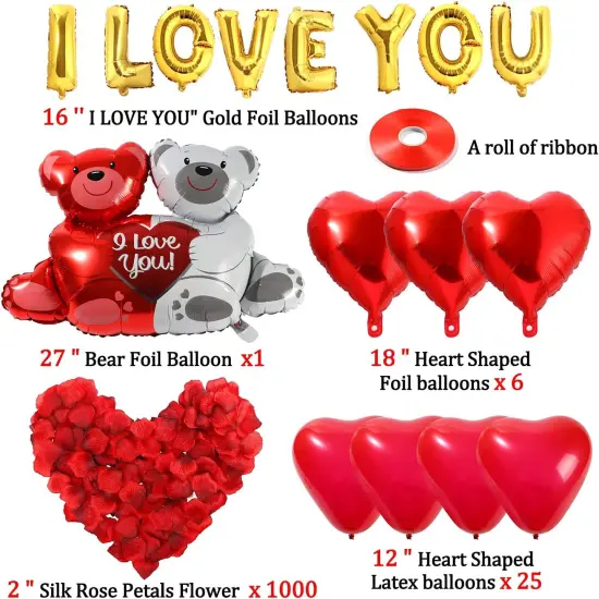 40 Pack I Love You Balloons and Heart Balloons Kit with 1000 Pcs Dark-Red Silk Rose {5}