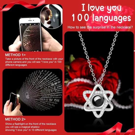 Preserved Red Real Rose Necklace 'I Love You' in 100 Languages {3}