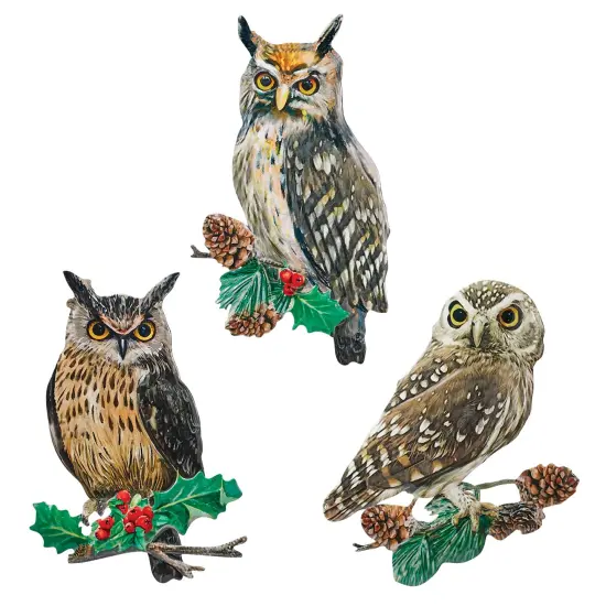 Collections Etc Owls with Holly & Pinecones Metal Wall Art - Set of 3 {2}