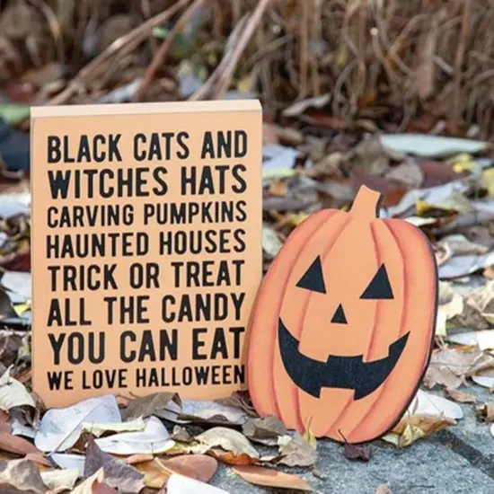 2/Set Halloween Black Cats Box Sign and Pumpkin Easel Tabletop Decor {3}