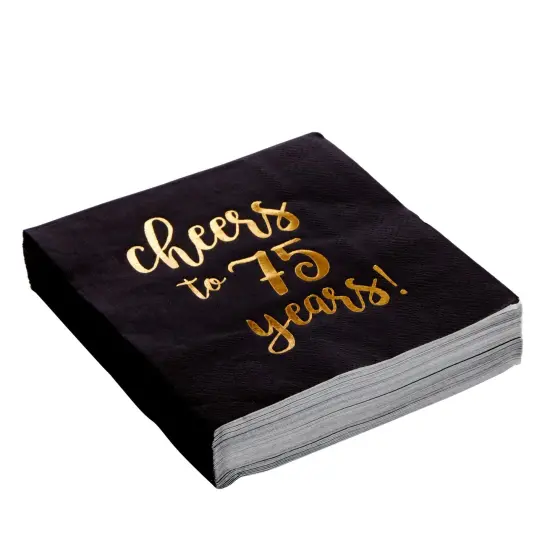 50 Pack Cheers to 75 Years Black and Gold Paper Cocktail Napkins for 75th Birthday Party Supplies, Table Decorations (5 x 5 in) {6}