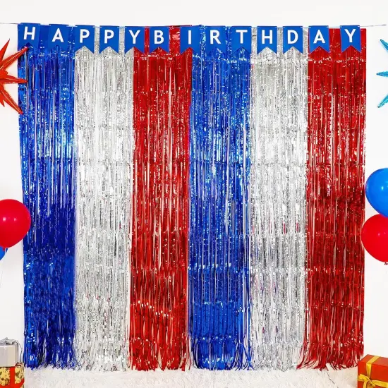 4th of July & Veterans Day Decorations, 2 Packs 3.3 x 6.6 ft Red White and Blue Foil Fringe Curtains, Tinsel Streamers for Patriotic Parties {2}