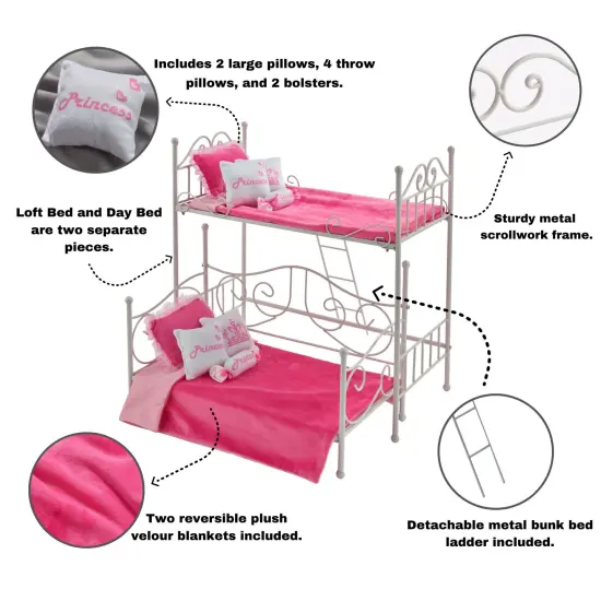 Badger Basket Scrollwork Metal Doll Loft Bed with Daybed and Bedding - White/Pink {3}