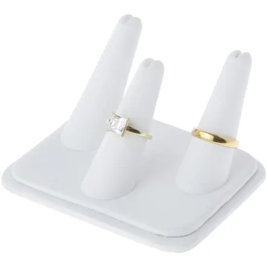 Plymor White Faux Leather Ring Finger Display, Three on Rectangular Base, 4.125" W x 3.25" D x 2.25" H {3}