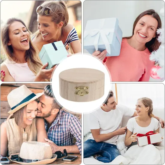 Earring Organizer 2PCS Unfinished Wooden Ring Box DIY Jewelry Organizer Wood Box with Hinged Lid Front Clasp Small Trinket Box Container for Home Shop Round Photo Storage Box {3}