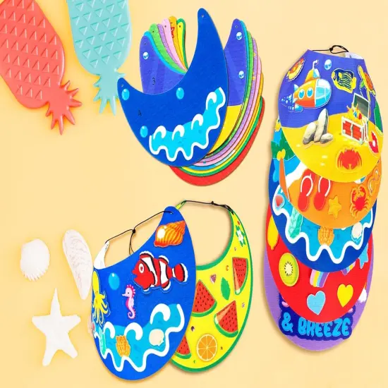 Summer Felt Visor Hats Crafts Kits for Kids Bulk, DIY Beach Sun Visor Hat Activities with Stickers for Hawaiian/Luau/Under-The-Sea Party Supplies {4}