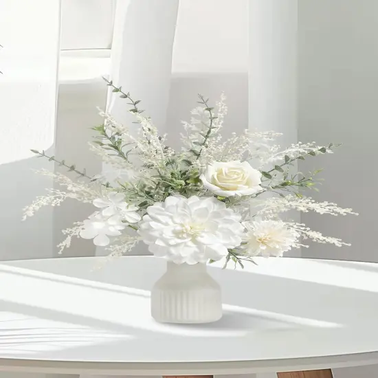 Artificial Flowers in Ceramic Vase, White Faux Flowers with Vase,Centerpieces Coffee Table Decor, Silk Flower Arrangements {5}