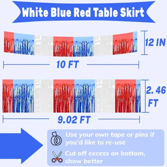 4P Metallic Foil Fringe Banner Tinsel Table Skirts for Rectangle Tables Backdrop Banner Garland Curtains for Parade Floats Wedding Graduation Anniversary Birthday Parties Decoration(White Blue Red) {2}