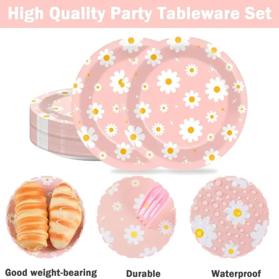 48 PCS Daisy Paper Plates 7 Inch Daisy Flower Party Groovy Tableware Pink Groovy Boho Dessert Plates Decorations for Birthday Baby Shower Wedding Disposable Party Favors {3}