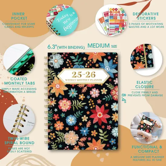 2025-2026 Planner, 12-Month Daily Weekly Monthly Planner from JUL.2025 to JUN.2026, 8.4" X 6", Spiral Notebook with Stickers, Elastic Closure, Inner Pocket for Office School Supplies {6}