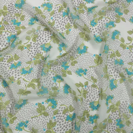 1 Yard Spring Green Turquoise White Flowers Tiny Diamonds Silk Chiffon 45 inch Width {1}