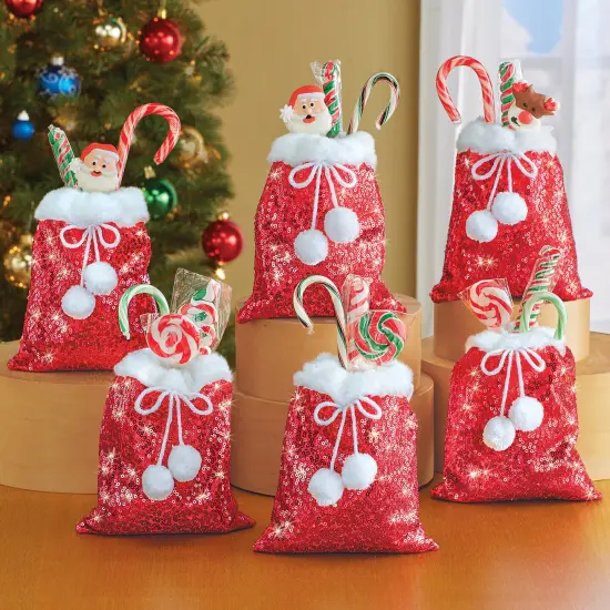 Collections Etc Sparkling Sequin Santa Gift Sack-Style Treat Bags - Set of 6 {1}