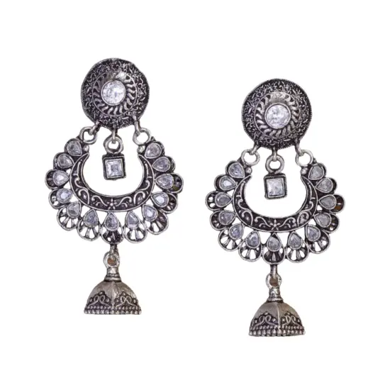 Indian Oxidized Jhumka Earrings for Women - Indian Oxidized Bell Jhumki Ethnic Floral Chandbali Earrings Faux Pearls Bollywood Style Floral Dangle Earring Jewelry for Bride Gift for Her WHITE {1}