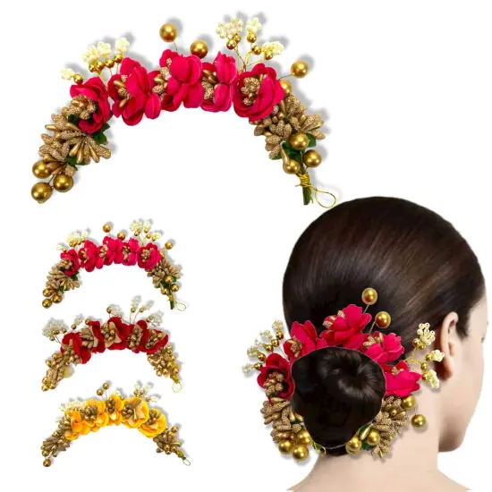Designer Rose Gajra Traditional Indian Hair Accessory Artificial Flower Jewelry Handmade Veni Tiara for Women Party Wear Bridal Mehndi Hair Bun Classical Dance Jewelry Red {4}