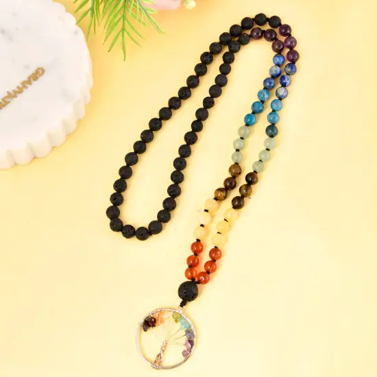 108 Mala Beads Necklace 7 Chakra Tree of Life Lava Rock Stone Natural Healing Crystal Gemstones Yoga Meditation Japa Mala Beaded Life Tree Pendant Hand Knotted Prayer Beads Rosary Jewelry {6}