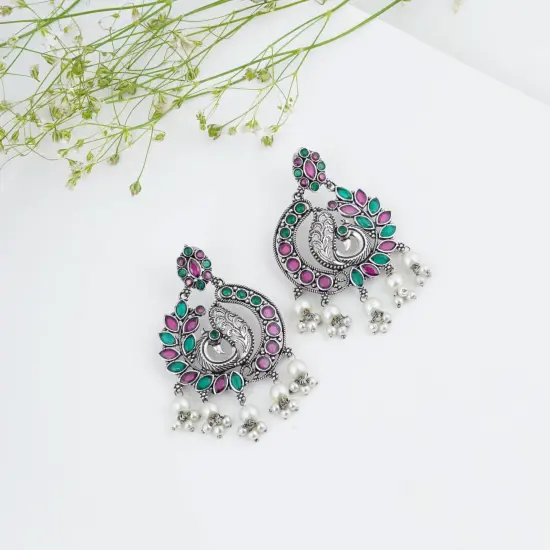 Indian Oxidized Jhumka Earrings for Women - Indian Peacock Earrings Ethnic Chandbali Jhumki Oxidized Beaded Bollywood Style Dangle Earring Jewelry for Bride | Birthday Gift for Her Ruby {4}