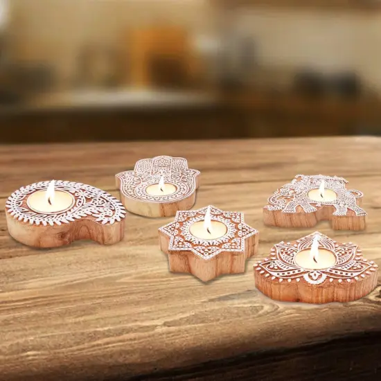 Wooden Block Print Tea Light Candle Holders for Diwali Handmade Tlight for Deepawali Decoration Items Designer Diya Deepam for Goddess Worship Housewarming Gifts (hamsa/paisley/star/lotus) {3}