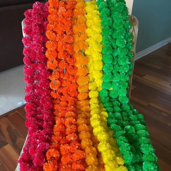 5ct Artificial Marigold Strings, Ugadi Decoration, Indian Decor Orange Yellow {2}