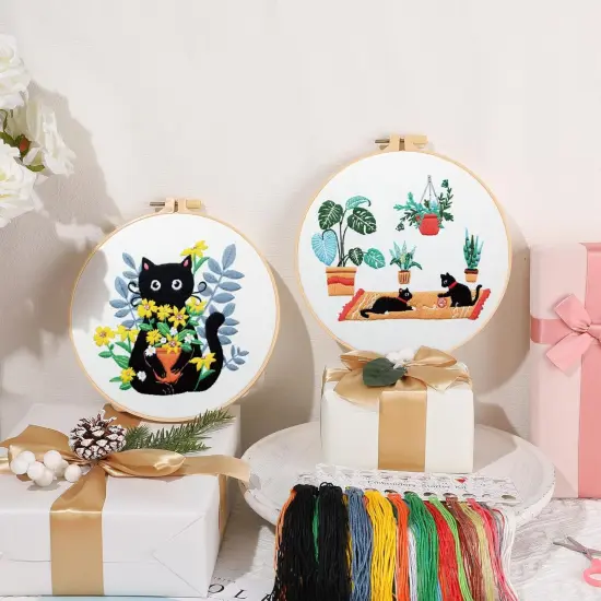 5 Sets Embroidery Starter Kit with Black Cat Patterns and Instructions {3}