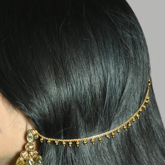 Indian Traditional Ear Chains for Women - Indian Jewellery for Earring Support Long Gold Tone Earring Chain Ear to Hair Chain Jewelry Faux Pearl Hair Accessory Bridal Jewelry for Wedding {5}