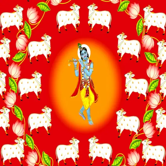 Lord Krishna Backdrop with Cow Indian Traditional Cloth Pooja Backdrop Indian Wall Art Photo Decor Banner Designer Wall Hangings Diwali Decor Wedding Housewarming Gift Brown {7}