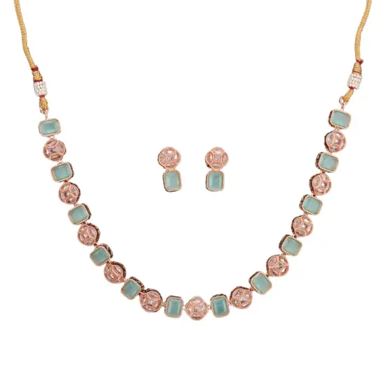 Classic Necklace with Rose Gold Plating Traditional Jewelry Matte Gold Necklace South Indian Jewelry Adjustable Slider Necklace Indian Wedding Favor Necklace for Women PINK {7}