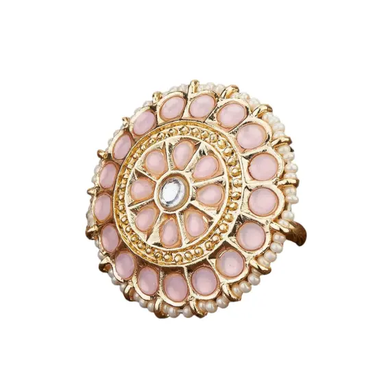 Kundan Pearl Ring with Gold Plating Vintage Round Statement Ring for Women Boho Open Wrap Finger Rings Adjustable Indian Bollywood Jewelry Hand Accessories for Wedding Party Gift Pink {5}