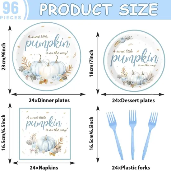 96Pcs Baby Shower Tableware Set &ndash; Blue Fall Little Pumpkin Theme, Serves 24 {2}
