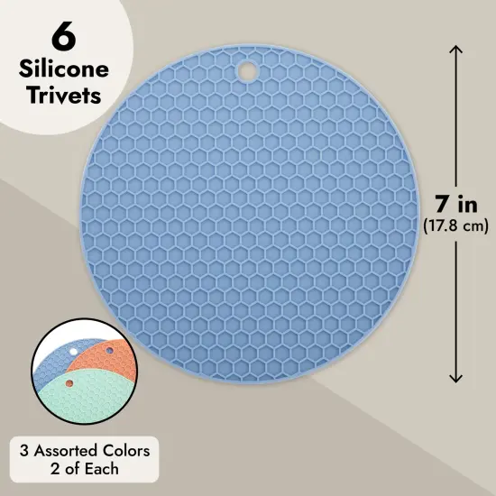 6 Pack Silicone Trivets for Hot Pots and Pans, Round Heat Resistant Multifunctional Mat for Kitchen Countertop (3 Colors, 7 Inches) Multicolor {3}