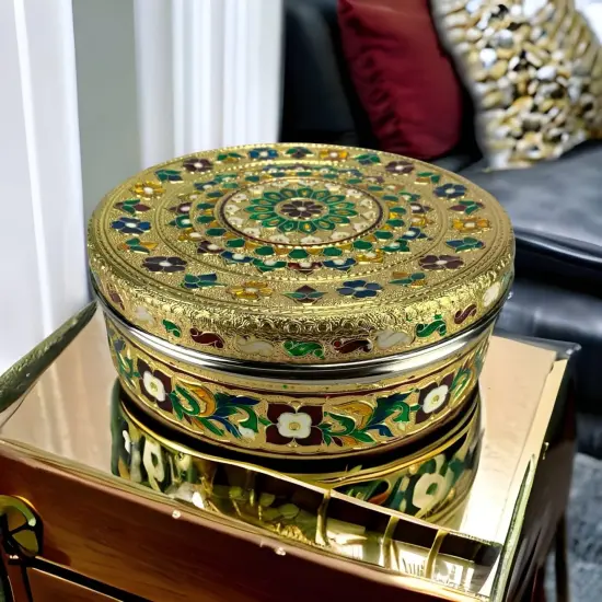 7.5 Inches Decorative Roti Papad Box Stainless Steel Small Sweet Storage Box Meenakari Container Laddu Box Spice Storage Unique Multipurpose Box Gift for Guest {2}