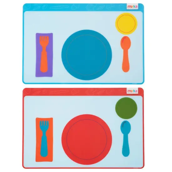 merka Montessori Placemats for Toddlers - 2 Pack Silicone Educational Placemats for Kids with Non-Slip Back - Learn Table Setting, Manners, and Etiquette, Reusable and Washable, 17 x 11 In {1}