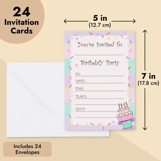 24 Pack Birthday Invitations for Girls, Fill-In Invite Cards with Envelopes, Confetti Design (5x7 in) Purple {3}