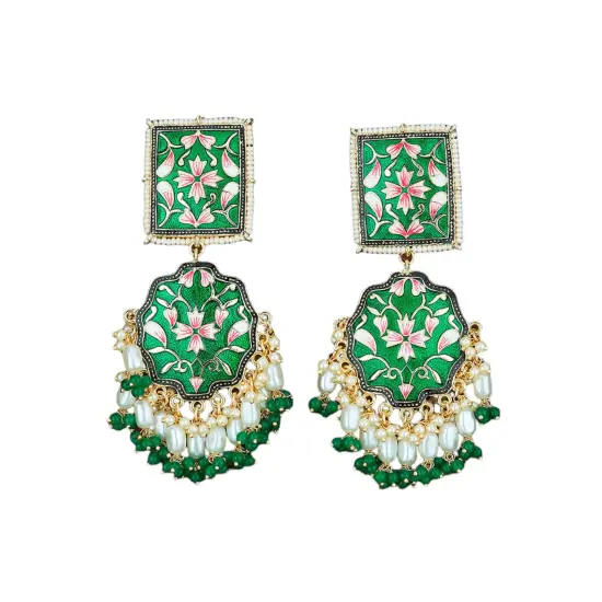Oversized Indian Jhumka Earrings &ndash; Square Stud Jhumki, Ethnic Chandbali with Floral Print & Faux Pearls &ndash; Bollywood Dangle Jewelry for Women, Bride & Birthday Gift GREEN {1}