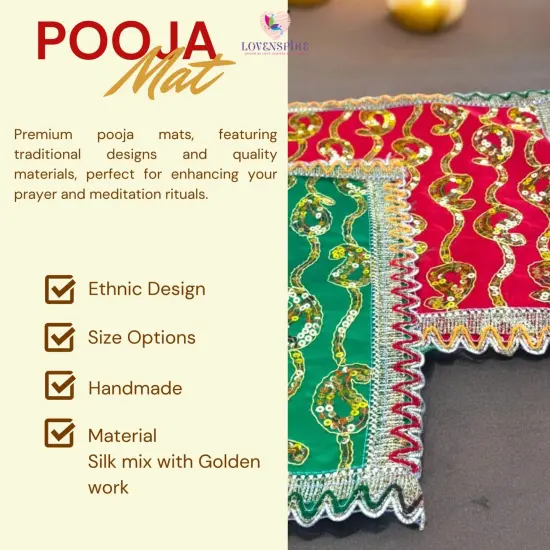 Cloth Pooja Mat Aasan Decorative Silk Mix Fabric Cloth for God Goddess Idol Puja Asan Mandir Temple Home Office Decor Base Chowki Asana Indian Festival Diwali Decoration - Housewarming Gift Green {4}