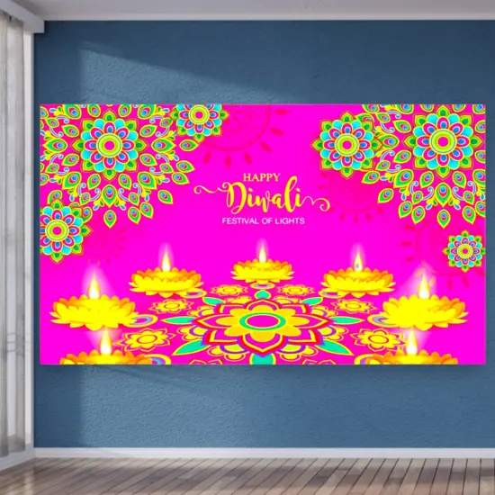 5x8 Feet Happy Diwali Banner Indian Traditional Cloth Backdrop Indian Diwali Decor Pooja Wall Decor Indian Wall Art Photo Decor Banner Decorative Pooja Cloth Diwali Celebration {5}