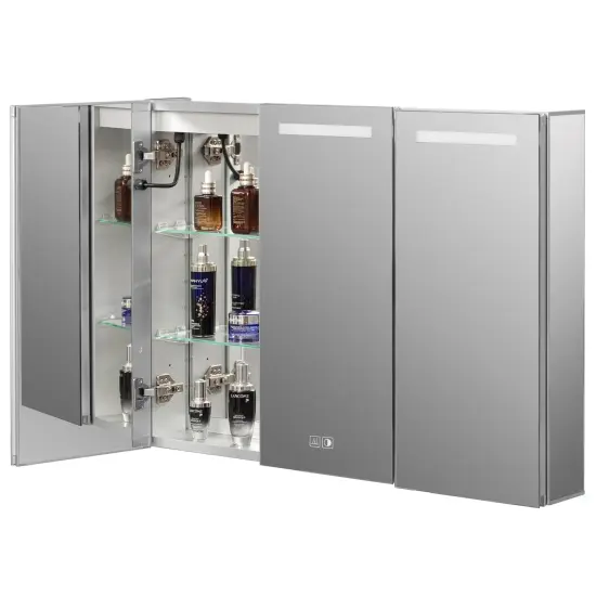 Basicwise 3-Door Versatile Bathroom Medicine Cabinet with Anti-Fog LED Mirror, Waterproof Aluminum, Surface or Recessed Mount, 2 Adjustable Glass Shelves, Wall Cabinet for Bathroom Storage, Silver {1}