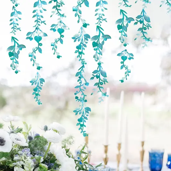 Cheerland Leaf Vine Garlands Teal Blue Hanging Leaves Banner Backdrop Wall Stickers Decorations for Birthday Anniversary Wedding Tea Party Supplies - Pack of 24 {1}