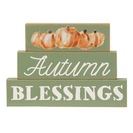 Green Wooden Rustic Autumn Blessings Block Set of 3 with Pumpkin Design {1}