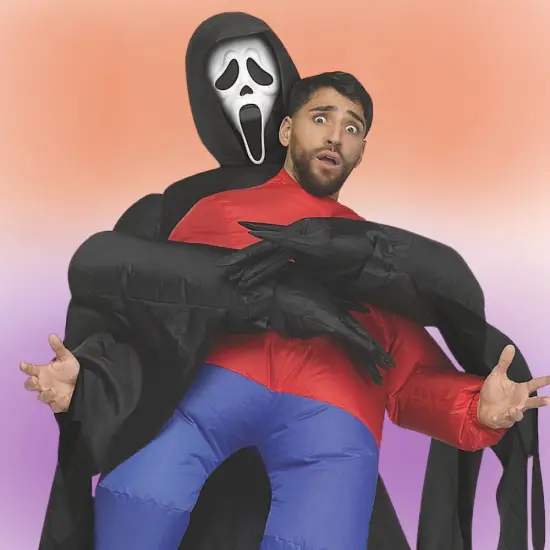 Adults Inflatable Piggyback Ghost Face Costume with Fan and Halloween Crowd {5}