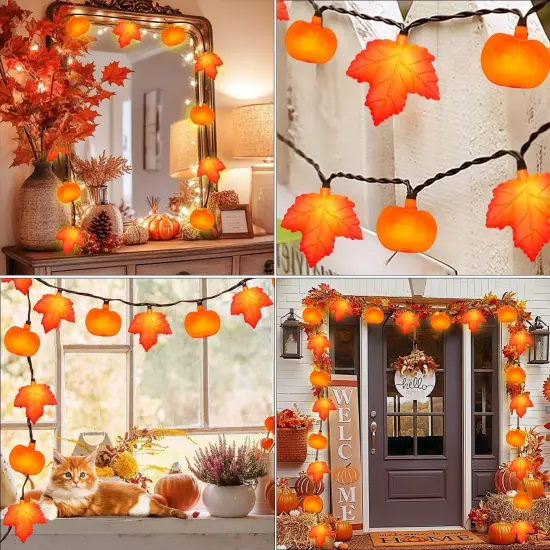 8.5Ft LED Fall Maple Leaf Pumpkin String Lights - Orange {5}