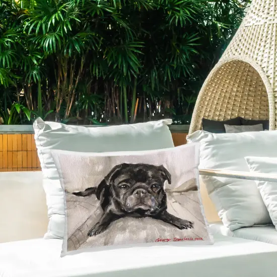 Cozy Black Pug Design by GeorgeDyachenkoArt Outdoor Printed Pillow  {2}